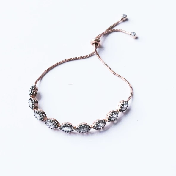 Elmas Montür Rose Gold Kaplama Zirkon Taşlı Asansörlü Gümüş Bileklik - Resim 3