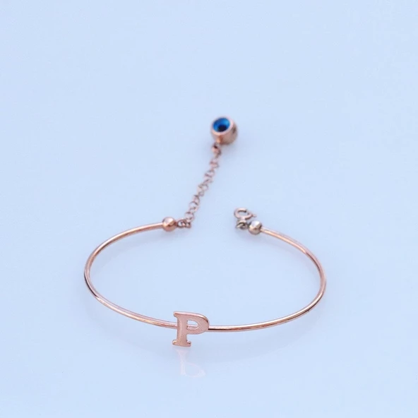 Rose Gold Kaplama Nazar Boncuklu P Harfi Gümüş Bileklik ürün görseli 1