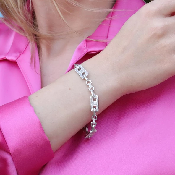 Zirkon Taşlı Düğme Gümüş Bileklik - Resim 3