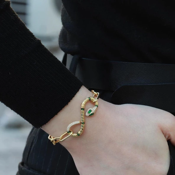 Yılan Sonsuzluk Modeli Gold Kaplama Zirkon Taşlı Bileklik ürün görseli 1
