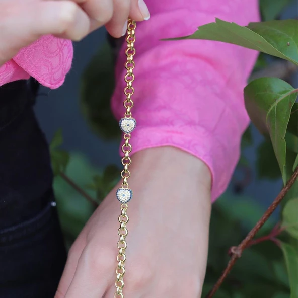 Kalp Nazar Boncuklu Zirkon Taşlı Gold Kaplama Zincir Bileklik - Resim 2