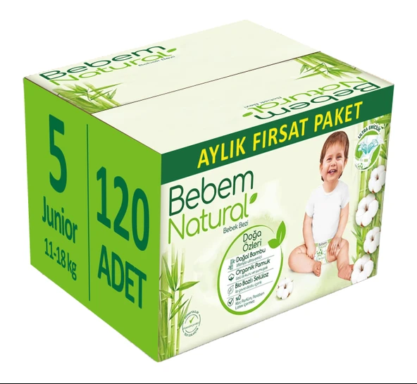 Bebem Bebek Bezi Natural Beden:5 (11-18Kg) Junior 120 Adet Aylık Fırsat Pk