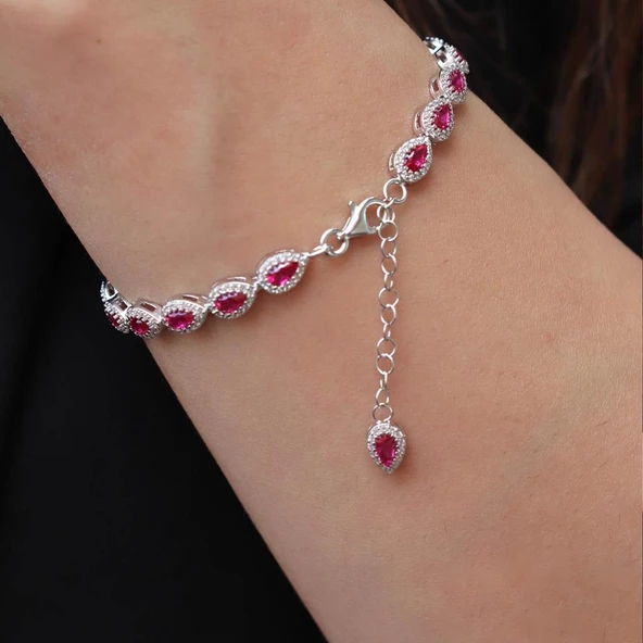 Damla Lal Taş Etrafı Zirkon Taşlı 925 Ayar Gümüş Bileklik ürün görseli 1