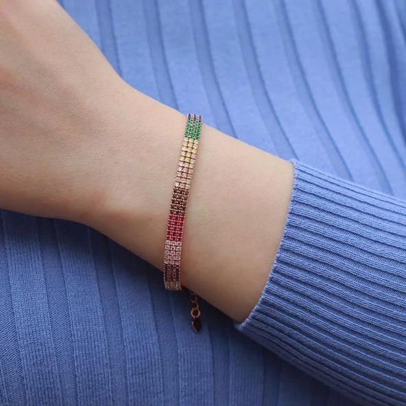 3 Sıra Renkli Zirkon Taşlı İnce Rose Gold Kaplama Su Yolu Gümüş Bileklik - Resim 2