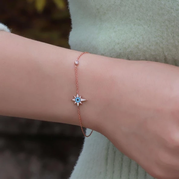 Kutup Yıldızı Figürlü Zirkon Taşlı Mine İşli Rose Gold Kaplama Gümüş Bileklik