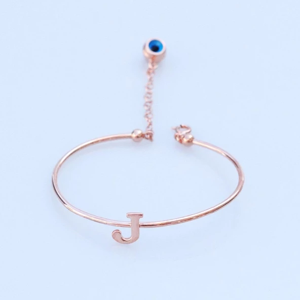 Rose Gold Kaplama Nazar Boncuklu J Harfi Gümüş Bileklik ürün görseli 1