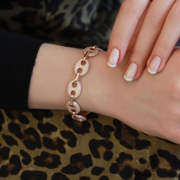 Düğme Modeli Zirkon Taşlı Rose Gold Kaplama Gümüş Bileklik - Resim 2