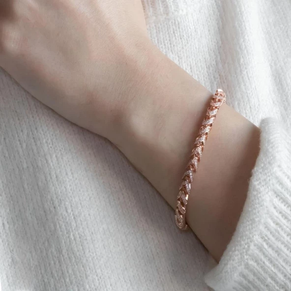 Balık Sırtı Zirkon Taşlı 925 Ayar Gümüş Bileklik - Resim 2