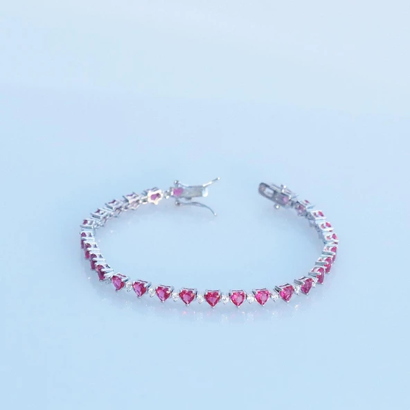 Kırmızı Zirkon Taşlı Kalpli Su Yolu Gümüş Bileklik - Resim 3