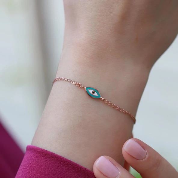 Mine İşli Göz Model Çift Zincirli Rose Gold Kaplama Gümüş Bileklik