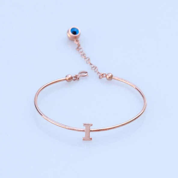 Rose Gold Kaplama Nazar Boncuklu I Harfi Gümüş Bileklik ürün görseli 1