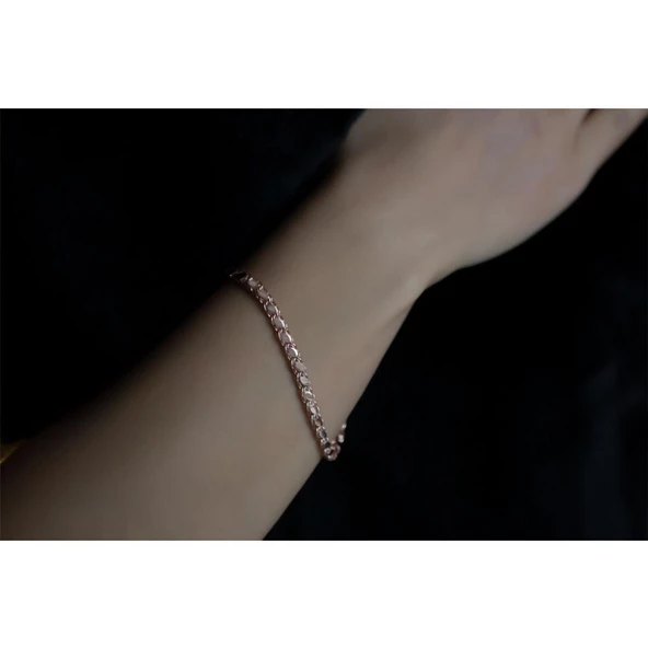 Rose Kaplama 925 Ayar Düz İtalyan Zincir Gümüş Bileklik - Resim 2