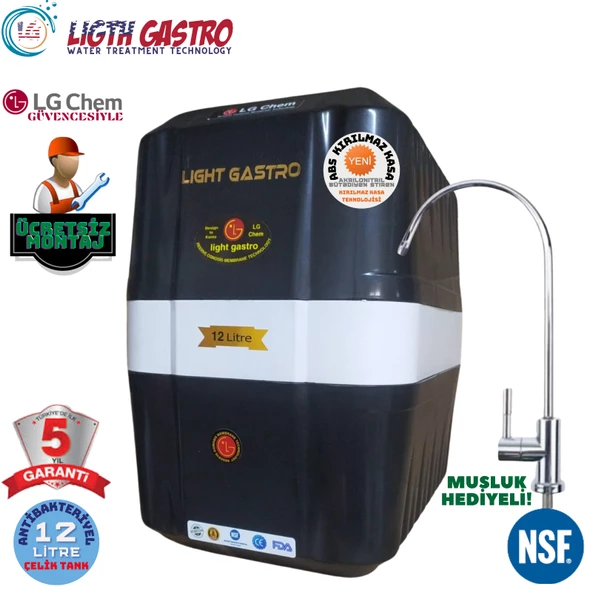 LİGHT GASTRO SİYAH BEYAZ MONTAJ DAHİL 12 LİTRE 7 FİLTRE 14 AŞAMA SU ARITMA CİHAZI