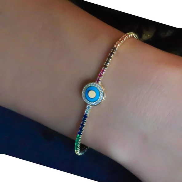 Altın Kaplama Renkli Zirkon Taşlı Su Yolu Bileklik - Resim 3