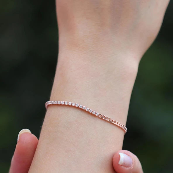 Rose Gold Kaplama Yarım Su Yolu Gurmet Zincirli Gümüş Bileklik ürün görseli 1