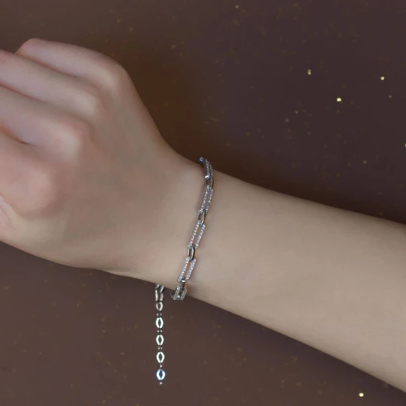Zirkon Taşlı Zincir Modeli Gümüş Bileklik ürün görseli 1