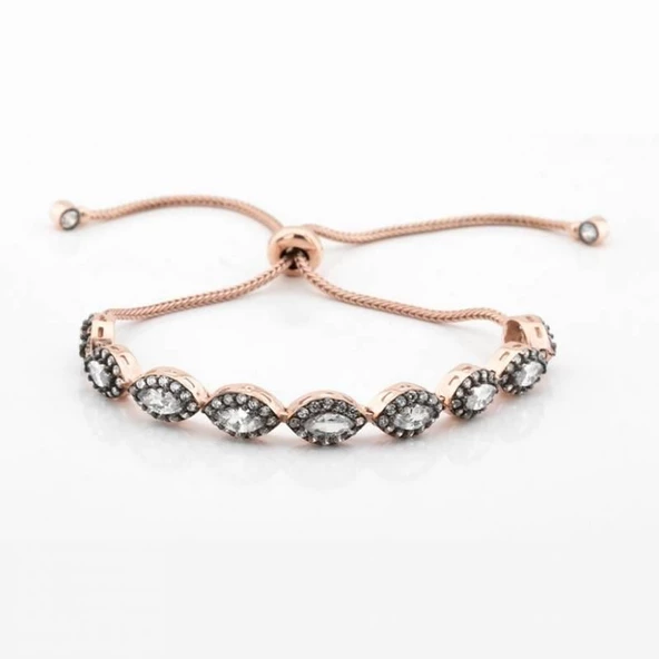 Elmas Montür Rose Gold Kaplama Zirkon Taşlı Asansörlü Gümüş Bileklik - Resim 2
