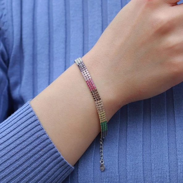 3 Sıra Renkli Zirkon Taşlı İnce Su Yolu Gümüş Bileklik - Resim 3