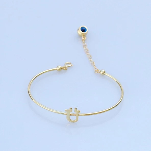 Gold Kaplama Nazar Boncuklu Ü Harfi Gümüş Bileklik ürün görseli 1