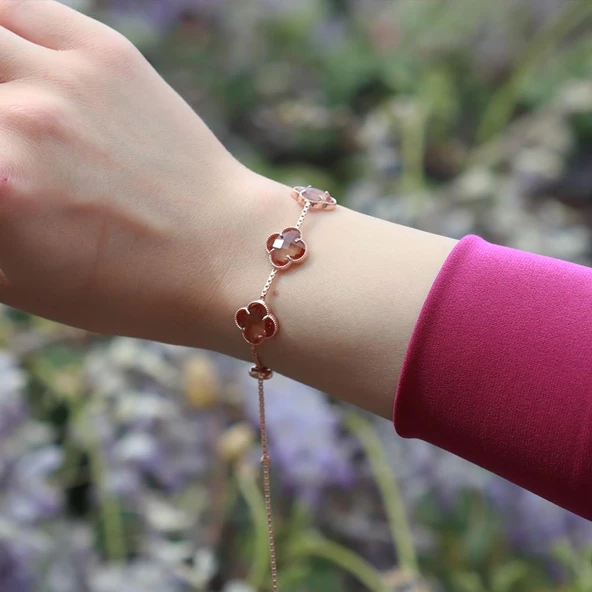 3 İkonik Alhambra Yonca Zultanit Taşlı Rose Gold Kaplama Asansörlü Bileklik - Resim 3