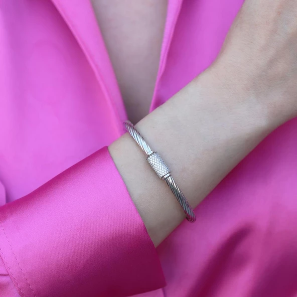 Zirkon Taşlı Burgu Modeli Gümnüş Kelepçe - Resim 3