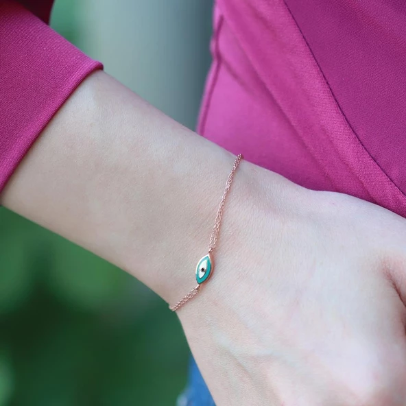 Mine İşli Göz Model Çift Zincirli Rose Gold Kaplama Gümüş Bileklik - Resim 3