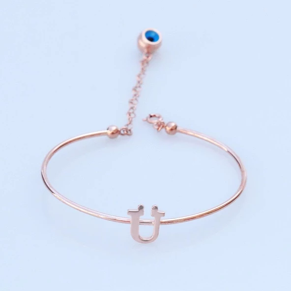Rose Gold Kaplama Nazar Boncuklu Ü Harfi Gümüş Bileklik ürün görseli 1