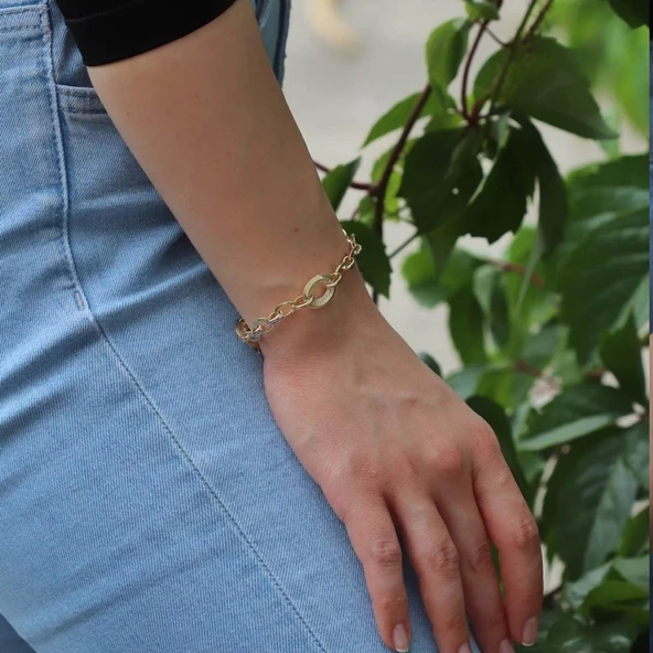 Gold Kaplama Zirkon Taşlı Halka Zincir Bileklik - Resim 3