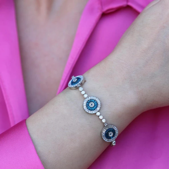 Cam Gözlü Zirkon Taşlı Gümüş Bileklik - Resim 3