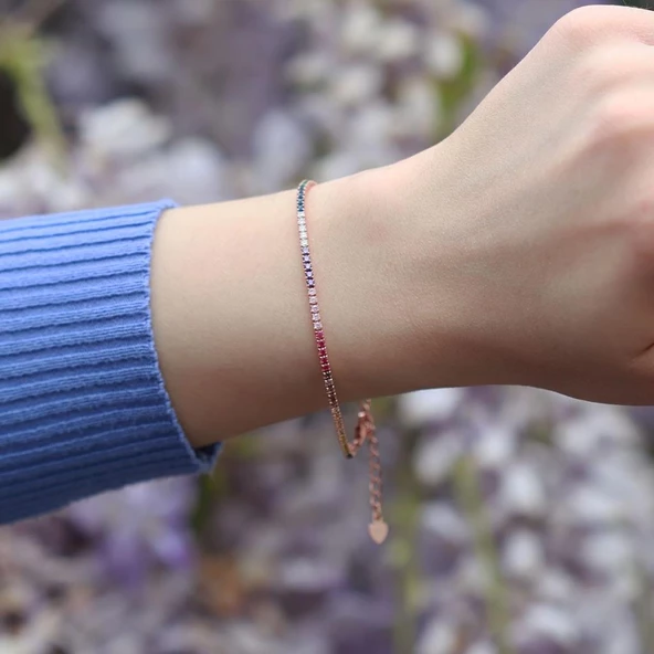 Renkli Zirkon Taşlı Rose Gold Kaplama Su Yolu Gümüş Bileklik ürün görseli 1