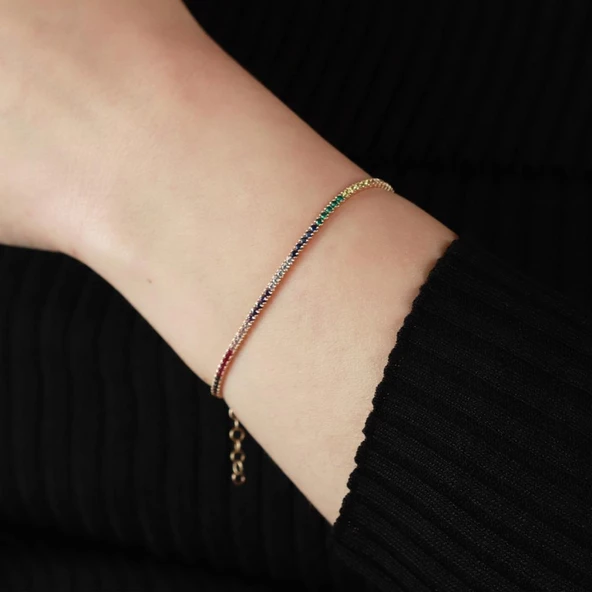 Rainbow Zirkon Taşlı Rose Gold Kaplama Gümüş Su Yolu Bileklik ürün görseli 1