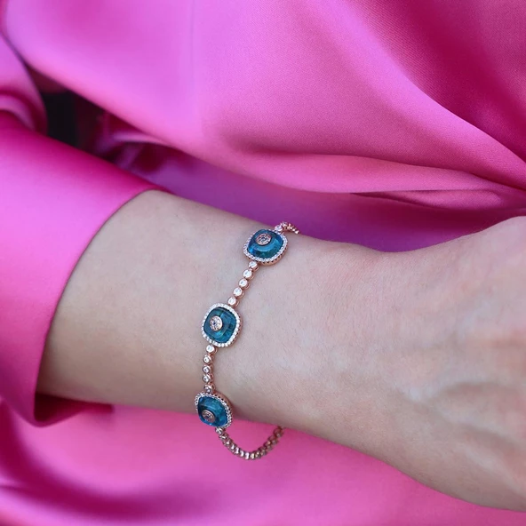 Cam Gözlü Rose Gold Kaplama Gümüş Bileklik - Resim 4