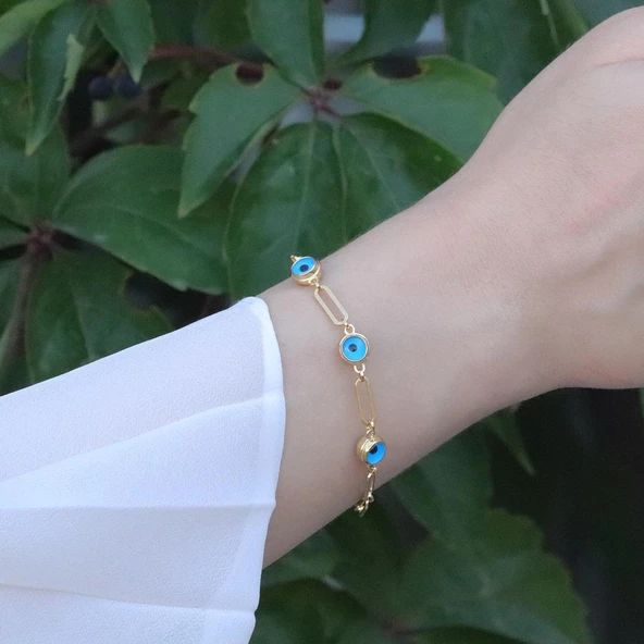 3 Nazar Boncuklu Gold Kaplama Trend Geçme Bileklik - Resim 4