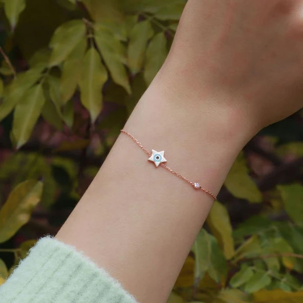 Yıldız Figürlü Zirkon Taşlı Mine İşli Rose Gold Kaplama Gümüş Bileklik