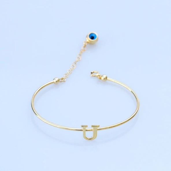 Gold Kaplama Nazar Boncuklu U Harfi Gümüş Bileklik ürün görseli 1