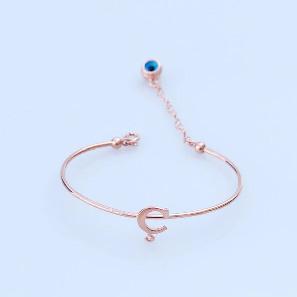Rose Gold Kaplama Nazar Boncuklu Ç Harfi Gümüş Bileklik ürün görseli 1