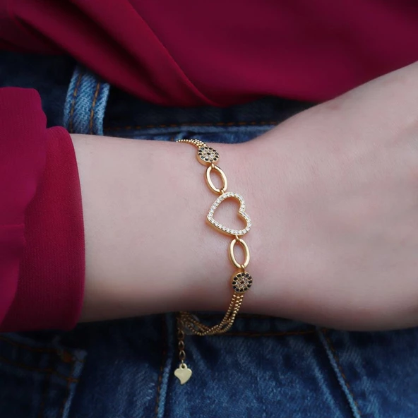 Nazar Boncuklu Kalpli Gold Kaplama Gümüş Bileklik - Resim 2