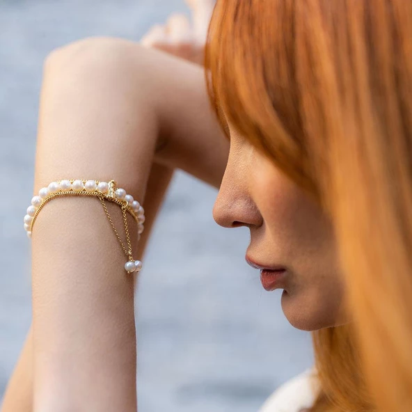 Dalga Model Tek Sıra İncili Anahtarlı Kelepçe Bilezik - Resim 2