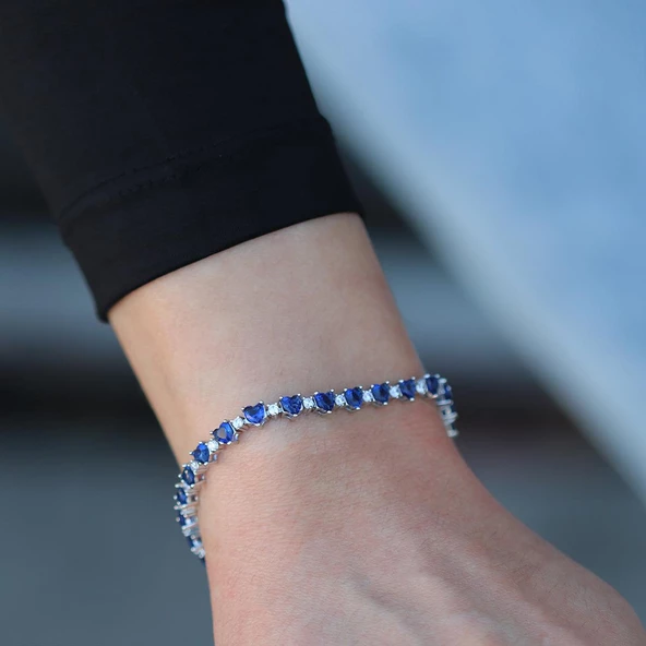 Lacivert Zirkon Taşlı Kalpli Su Yolu Gümüş Bileklik - Resim 2