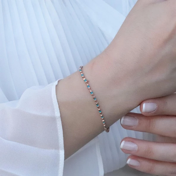 Rose Gold Kaplama Firüze Taşlı Dorika Bileklik - Resim 3