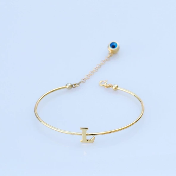 Gold Kaplama Nazar Boncuklu L Harfi Gümüş Bileklik ürün görseli