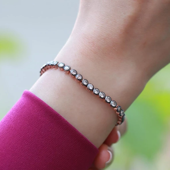 Elmas Montür Rose Gold Kaplama Su Yolu Gümüş Bileklik - Resim 3