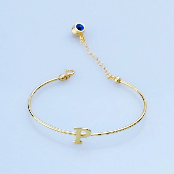 Gold Kaplama Nazar Boncuklu P Harfi Gümüş Bileklik ürün görseli 1