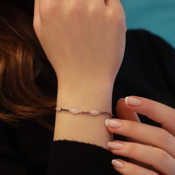 Renkli Zirkon Taşlı Su Yolu Rose Gold Kaplama Gümüş Bileklik - Resim 2