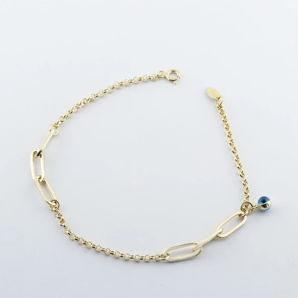 Üçlü Trend Geçme Zincirli Nazar Boncuklu Gold Kaplama Hallow Gümüş Bileklik - Resim 4