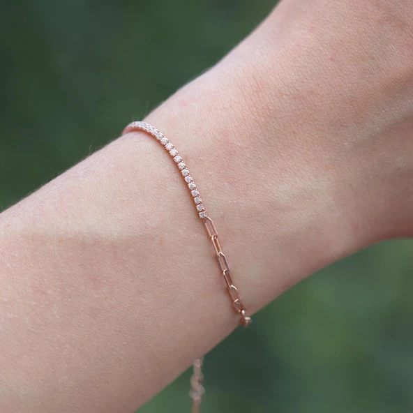 Rose Gold Kaplama Yarım Su Yolu Zincirli Gümüş Bileklik ürün görseli 1