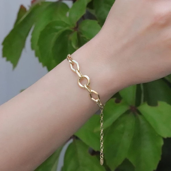 Yuvarlak Gold Kaplama Gümüş Hallow Bileklik - Resim 4