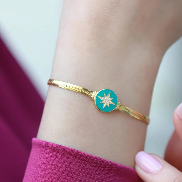 Balık Sırtı Mine İşli Gold Kaplama Gümüş Bileklik - Resim 3