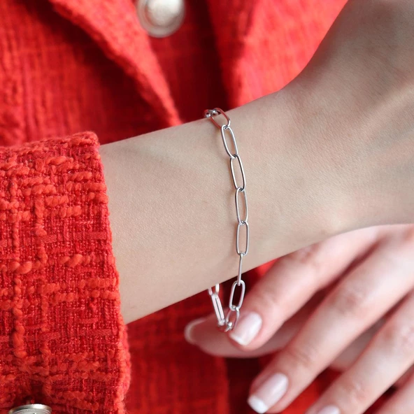 Zirkon Taşlı Ataç Zincir Gümüş Bileklik - Resim 2