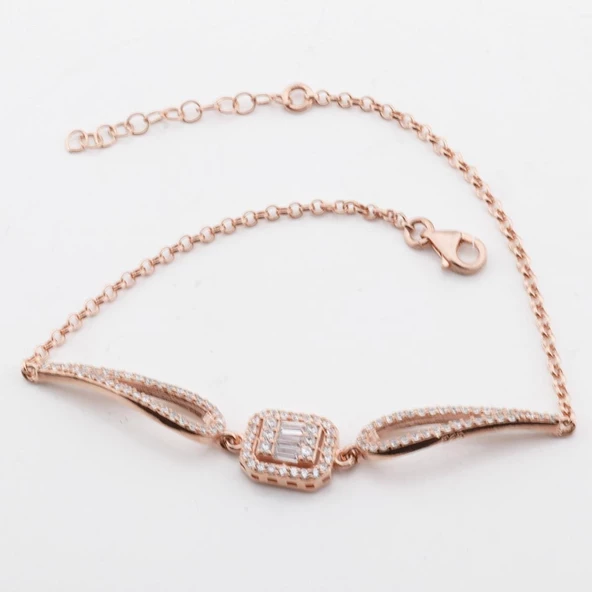 Baget Kesim Zirkon Taşlı Rose Gold Kaplama Gümüş Bileklik - Resim 3